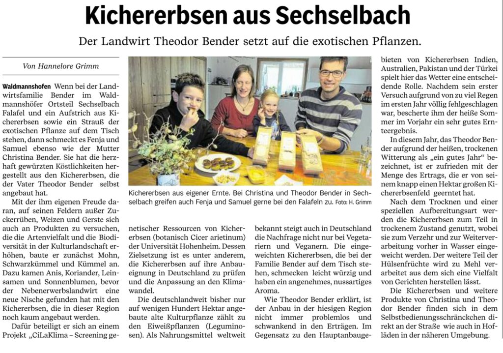 Artikel in der Main Post mit dem Titel "Kichererbsen aus Sechselbach"